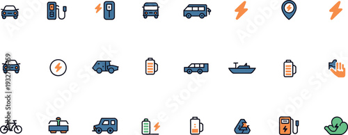 Electric vehicle icon set, sustainable transportation symbols, eco-friendly mobility graphics, charging station elements, battery indicators, recycling, green energy vector design