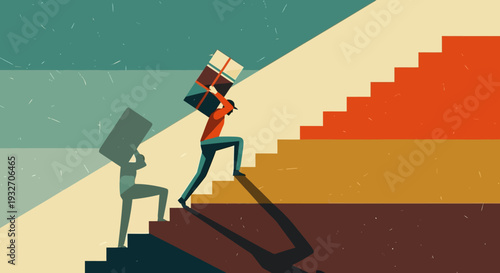 Geometric silhouette of figures climbing stairs with shadow in abstract style