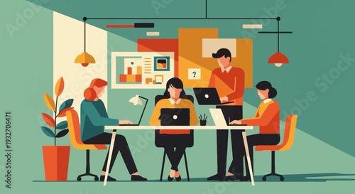 Collaborative teamwork in a modern office setting with laptops and presentation graphics
