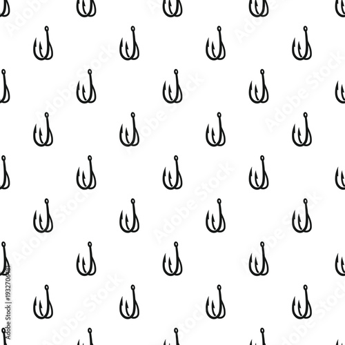 Fishing hooks featuring a triple barb design over a white background in a seamless pattern
