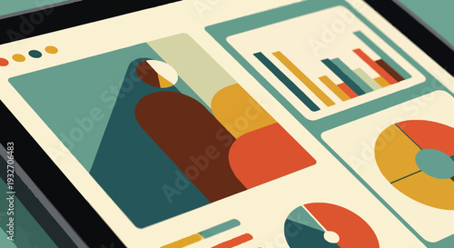 Modern data visualization on tablet display with abstract shapes and charts