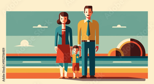 Happy family at the beach in retro geometric art style