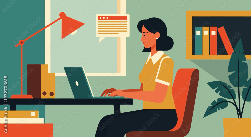 Fototapeta premium Flat design woman working on laptop in modern office setting