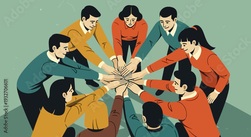Diverse team cooperation in retro style: united hands in teamwork for success