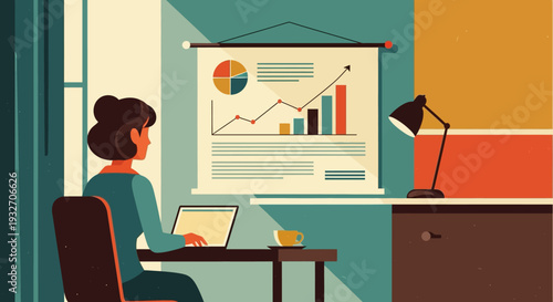 Professional woman analyzing data at home office with growth chart and laptop