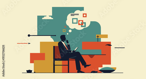 Contemplative businessman in geometric abstract setting with tablet