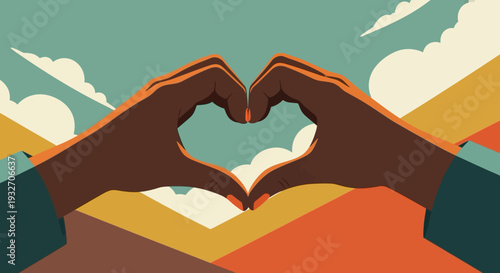 Heart hand gesture in vibrant abstract style with colorful geometric background