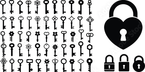 Silhouette collection of decorative keys and padlocks including heart lock, circular lock, security access symbol, vintage design vector illustration