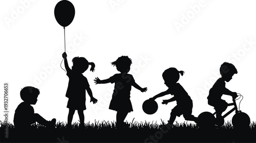 Silhouette children playing outdoors on grassy field with balloon, ball, tricycle, carefree childhood activity vector illustration design