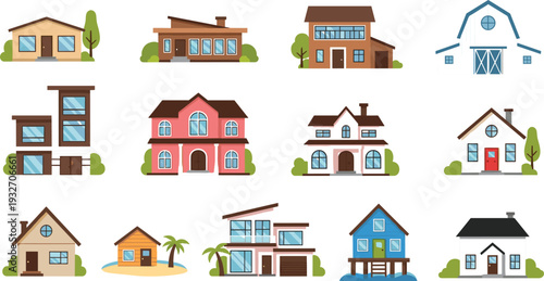Residential houses collection with modern cottage villa barn and suburban homes flat vector illustration set