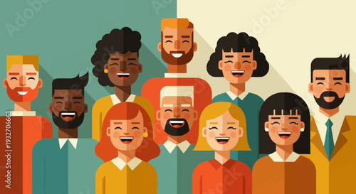 Diverse team of happy people in retro flat design style