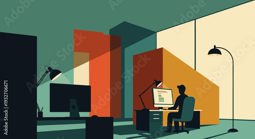 Modern office workspace: minimalist flat design with computer and desk lamps