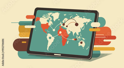 Interactive world map on tablet with geometric connections
