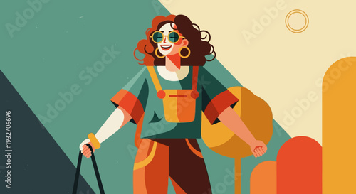 Stylish retro woman walking outdoors in chic urban fashion