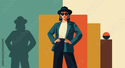 Stylish woman in hat standing confidently against colorful geometric background
