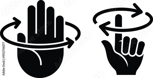 Hand gesture interacting with rotating arrow in bold black silhouette representing control, refresh action and user interaction concept