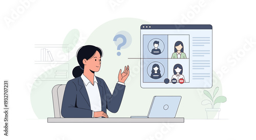 Confused Woman in Video Conference Call, Remote Work Challenges, Online Meeting Questions