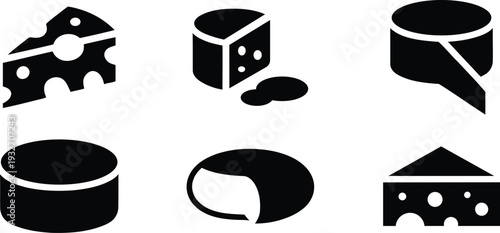 Collection of six distinct black cheese icons representing various forms and shapes for graphic design and food illustration