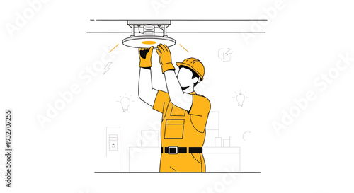 Electrician installing ceiling light fixture, professional work, safety equipment