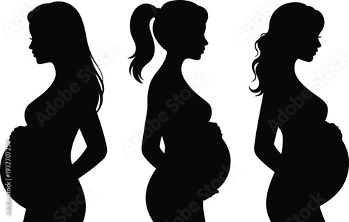 Three black silhouettes of pregnant women showing diverse hairstyles and body profiles against a white background
