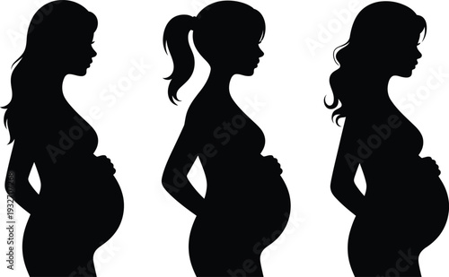 Three diverse silhouette profiles of pregnant women showcasing their developing baby bumps with gentle hand support