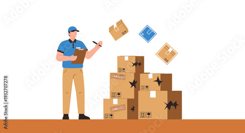 Delivery Man Checking Package Stack with Clipboard, Shipping and Logistics Concept