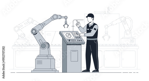 Factory Worker Operating Robotic Arm on Control Panel in Automated Production Line