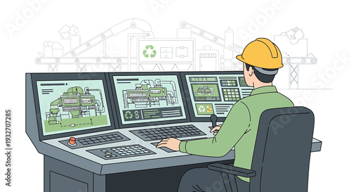 Factory worker in control room operating machinery via computer screens