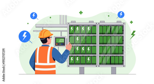 Electrician checking battery storage system, renewable energy concept