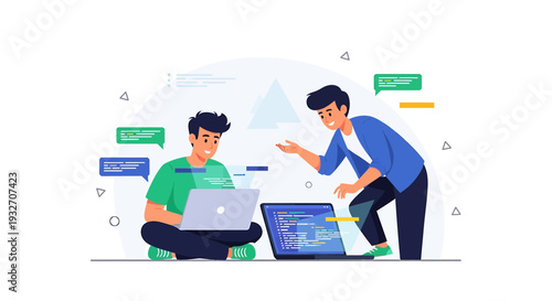 Two developers collaborating on coding project, discussing code on laptops