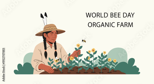 World Bee Day illustration shows farmer cultivating plants organic garden. World Bee Day scene features a bee pollinating yellow flowers, highlighting sustainable agriculture, biodiversity.