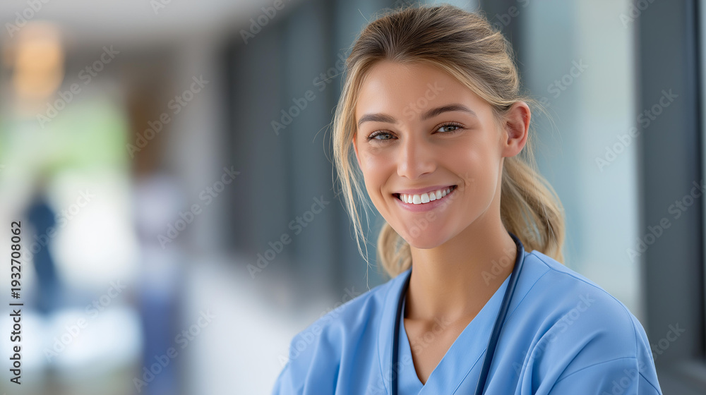 Fototapeta premium Friendly young nurse smiling in a hospital hallway, compassionate nursing staff, healthcare worker ready to help, hospital corridor medical professional, female nurse portrait,
