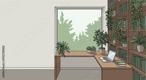 Home office workspace presents cozy interior with wooden desk, laptop, books by window. Lush green plants enhance this inviting home office workspace, promoting calm, focus.