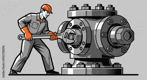 An illustration of a plumber tightening a large valve nut with an adjustable wrench in a factory, rendered with bold lines and strong contrast.