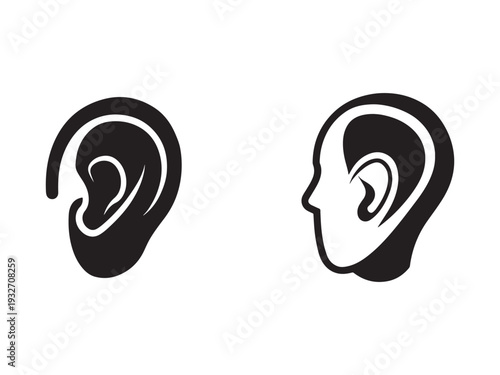 Black and white illustrations of human ear and side profile head with ear  hearing and listening concept