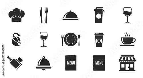 A monochromatic illustration of restaurant icons representing dining and beverages