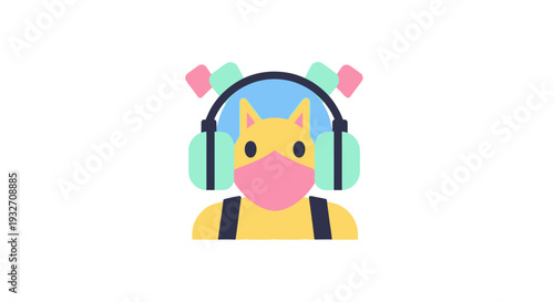 A masked cartoon character with headphones, a unique and whimsical illustration
