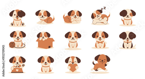 A cute puppy is surrounded by various adorable cartoon illustrations of itself in a playful scene