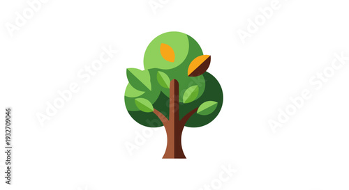 A stylized illustration of a deciduous tree with green and brown tones on white background