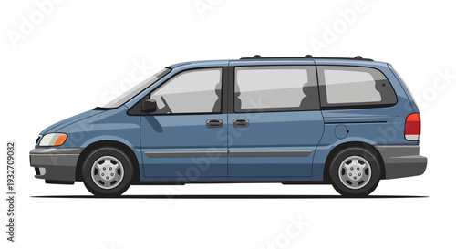 Blue minivan side view, isolated on white background.