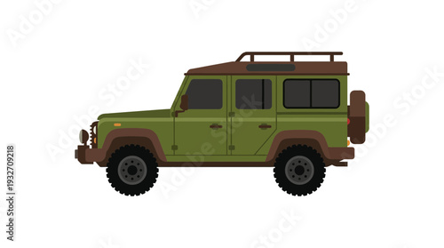 Green off-road vehicle side view, safari exploration, adventure car, white background