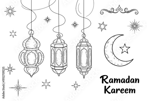 Doodles Line Art of Ramadan Kareem Greeting Card Concept