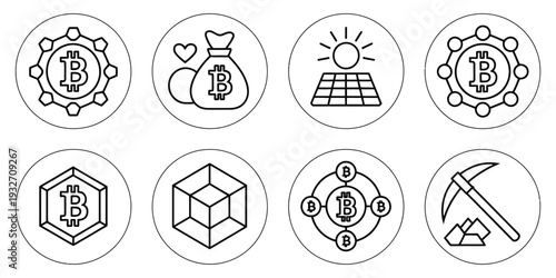 Bitcoin and Crypto Icons Isolated on White Background, Editable Vector Graphics of Cryptocurrency Symbols Including Bitcoin