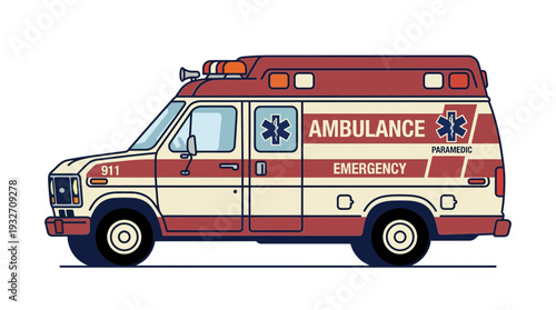 Red and white ambulance with emergency medical service markings