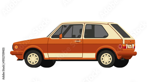 Retro orange hatchback car on white background