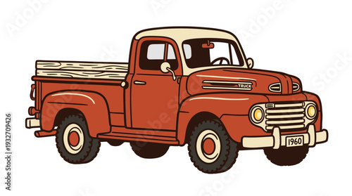 Retro red pickup truck. Vintage American vehicle illustration.