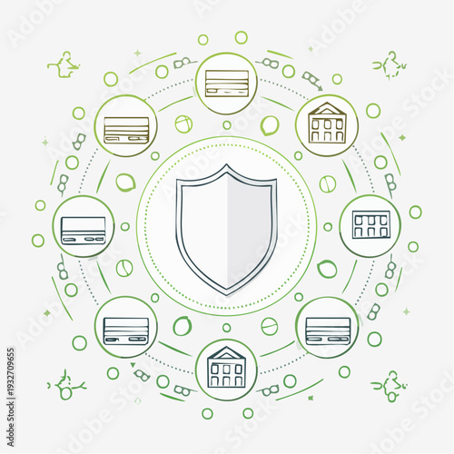 Security and Protection Icon Set with Shield and Various Buildings.