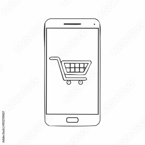 Simple line illustration of a smartphone with a shopping cart on the screen.
