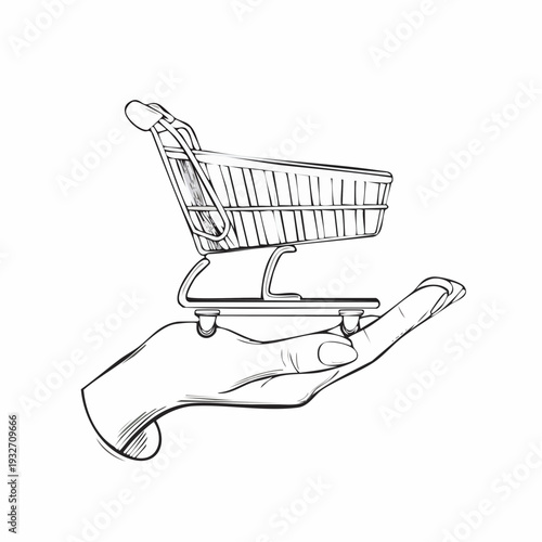 Hand holding a miniature shopping cart illustration.