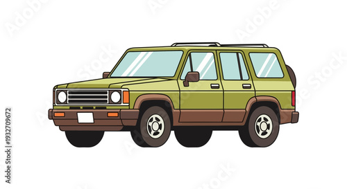 Vintage Green SUV with Brown Accents, Isolated on White